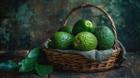 Freshly picked avocados in a basket on a wooden tableの素材