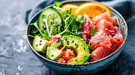 A colorful bowl of fresh poke with tuna, avocado, and vegetablesの素材