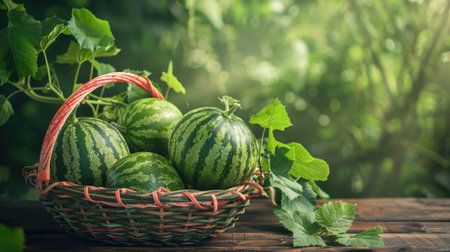 Freshly picked watermelons in a basket on a wooden tableの素材