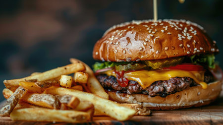 A classic American cheeseburger with fries on the sideの素材