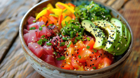 A colorful bowl of fresh poke with tuna, avocado, and vegetablesの素材
