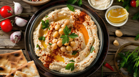 A platter of Middle Eastern hummus with pita bread and vegetablesの素材