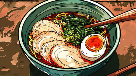 A traditional Japanese ramen bowl with pork and eggの素材