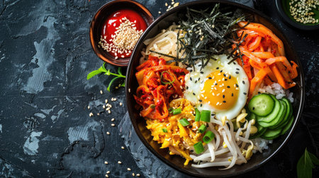 A traditional Korean bibimbap with various toppingsの素材