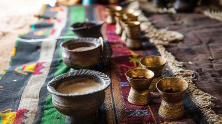 An Ethiopian coffee ceremony setup with traditional cupsの素材