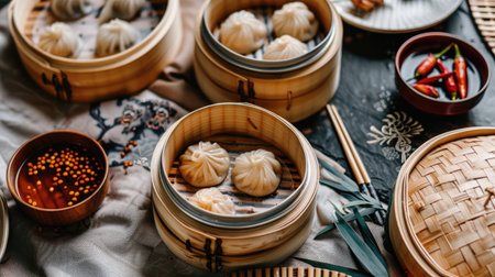 Chinese dim sum in bamboo steamers on a tableの素材