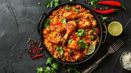 Indian biryani rice with chicken and spicesの素材