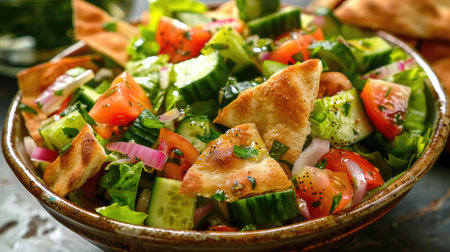 Lebanese fattoush salad with crispy pita breadの素材