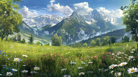 A beautiful view of a meadow with blooming wildflowers and a mountain backdropの素材