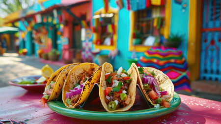 Mexican tacos with various toppings on a colorful plateの素材