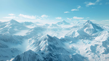 A breathtaking view of a snowy mountain range with clear blue skiesの素材