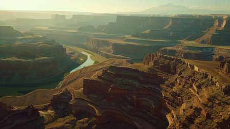 A captivating view of a canyon with layered rock formations and a winding riverの素材