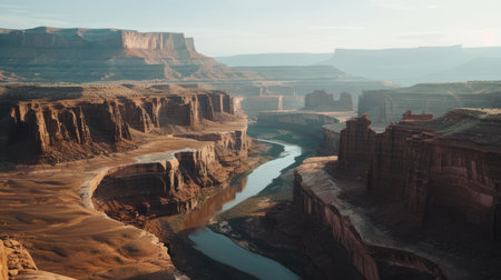 A captivating view of a canyon with layered rock formations and a winding riverの素材