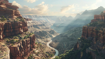 A captivating view of a canyon with layered rock formations and a winding riverの素材