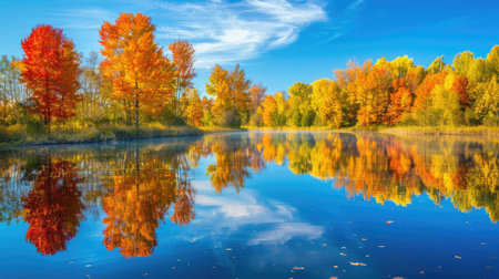 A colorful autumn landscape with vibrant fall foliage reflected in a calm lakeの素材