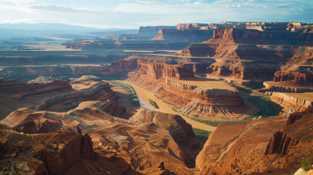 A dramatic canyon with layered rock formations and a winding river at the bottomの素材