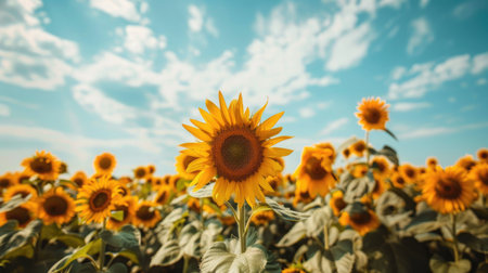 A captivating view of a field of sunflowers in full bloom under a bright blue skyの素材