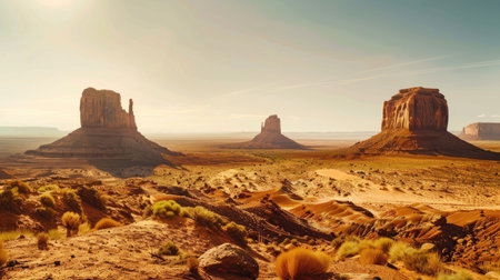 A mesmerizing desert landscape with dramatic rock formations and a clear skyの素材