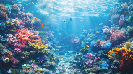 A mesmerizing view of a coral reef with vibrant marine life and clear blue waterの素材