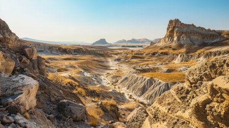 A mesmerizing desert landscape with dramatic rock formations and a clear skyの素材