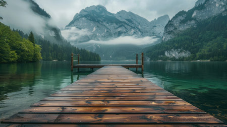 A tranquil lake with a wooden pier and surrounding mountainsの素材