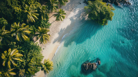 A tropical paradise with turquoise waters, palm trees, and a sandy beachの素材