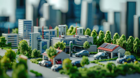A cityscape with electric vehicle charging stations and green rooftops, representing urban sustainabilityの素材