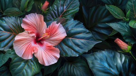 Tropical hibiscus flower with lush leaves, summer bloomの素材