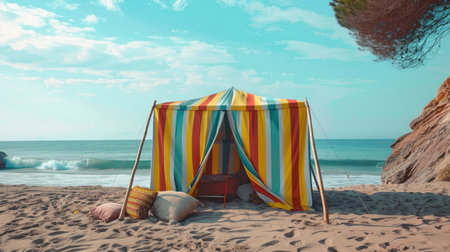 Beach tent with colorful stripes, cozy seaside setupの素材