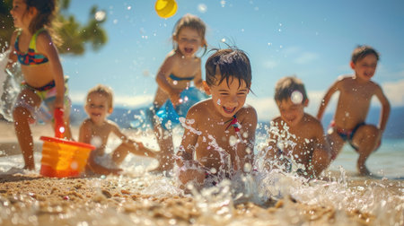Kids playing with beach toys, laughter and funの素材