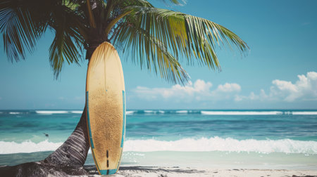 Surfboard leaning against palm tree, ready to ride wavesの素材