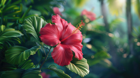Tropical hibiscus flower with lush leaves, summer bloomの素材