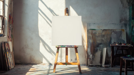 A blank canvas on a wooden easel, isolated against a white background, representing endless creative possibilities.の素材
