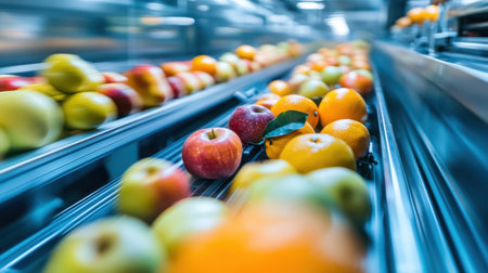 A busy conveyor belt in a food production facility, efficiently sorting colorful fruits like apples and oranges, moving quickly through the process.の素材