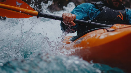 A close-up of a kayaker navigating turbulent river waters, his orange kayak slicing through the waves, capturing the thrill and focus of the moment.の素材
