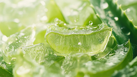 A close-up shot of refreshing aloe vera gel, showcasing its smooth texture and glistening water droplets, highlighting its natural beauty.の素材