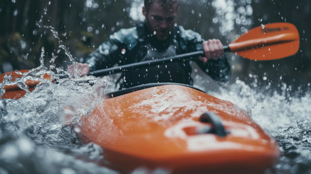 A close-up of a kayaker navigating turbulent river waters, his orange kayak slicing through the waves, capturing the thrill and focus of the moment.の素材