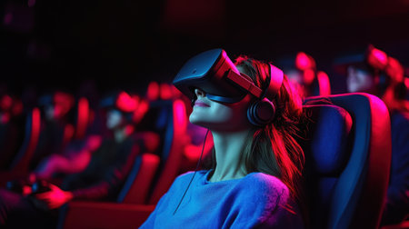 A dynamic scene in a dark cinema showcasing multiple people immersed in virtual reality experiences, each wearing headsets and engaged in their own worlds.の素材