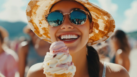 A cheerful group enjoying an ice cream social, choosing from a variety of flavors and toppings, surrounded by laughter and joy.の素材