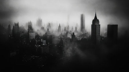A dark, gothic cityscape shrouded in mist, with tall, ominous buildings piercing through the fog, creating a foreboding atmosphere.の素材