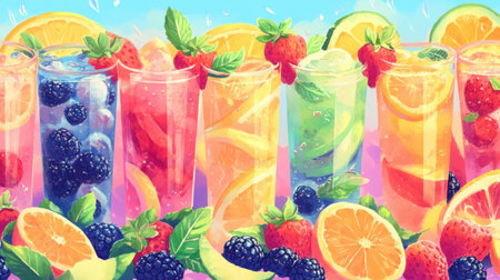 A delightful display of colorful refreshing drinks adorned with citrus, berries, and mint in tall glasses, exuding summer vibes and a sense of refreshment.の素材