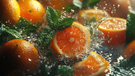 A dynamic composition showcasing colorful citrus fruits splashing into water, surrounded by mint leaves, highlighting freshness and vitality.の素材