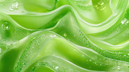 A detailed close-up of aloe vera gel, showcasing its refreshing texture adorned with glistening water droplets, ideal for skincare imagery.の素材