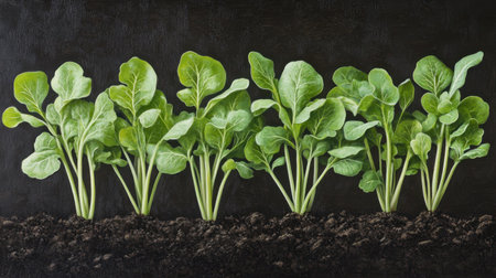 A garden scene featuring fresh radish plants emerging from dark soil, highlighting their bright green foliage and healthy growth in a thriving environment.の素材
