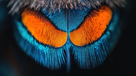 A detailed macro shot of a peacock feather, emphasizing its brilliant blue and orange center, revealing the feather's intricate beauty.の素材