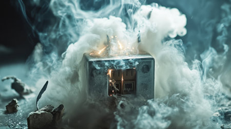 A dramatic image of an electrical outlet sparking, surrounded by smoke and debris, illustrating the dangers of electrical fire hazards in a household setting.の素材