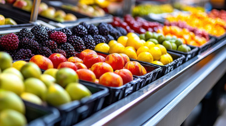 A variety of fruits being sorted on a busy conveyor belt in a food production facility, the bright colors of the produce standing out.の素材