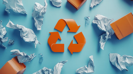 A recycling symbol at the center, surrounded by eco-friendly packaging, representing sustainability and the importance of recycling.の素材