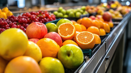 A variety of fruits being sorted on a busy conveyor belt in a food production facility, the bright colors of the produce standing out.の素材