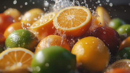 A refreshing close-up of ripe citrus fruits like oranges, lemons, and limes, splashing water droplets that highlight their freshness and juicinessの素材